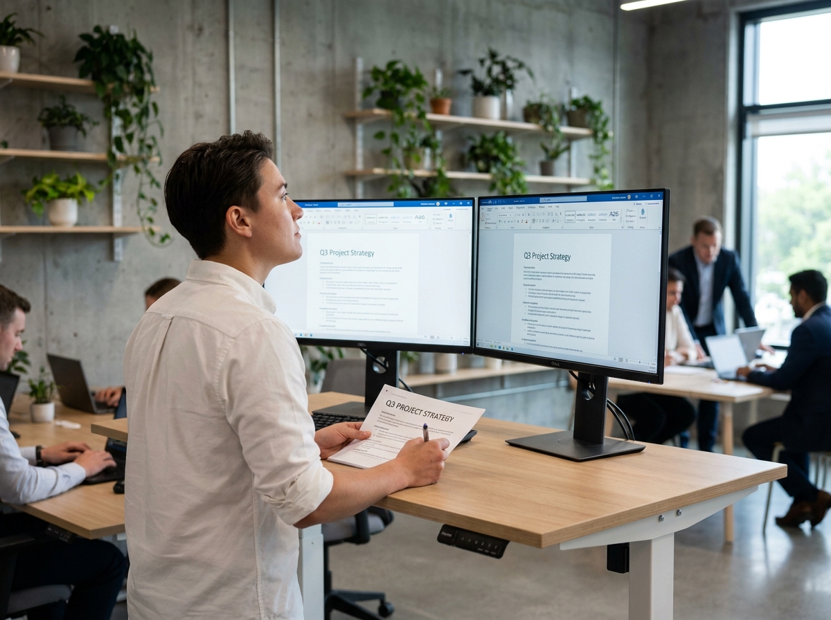 Jeune professionnel annotant un document Word imprimé dans un espace de coworking moderne avec double écran