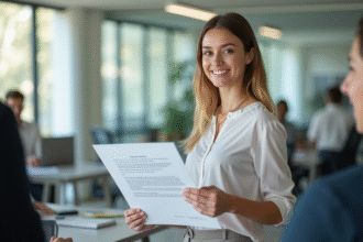 Jeune professionnel présentant des documents immobiliers en bureau lumineux
