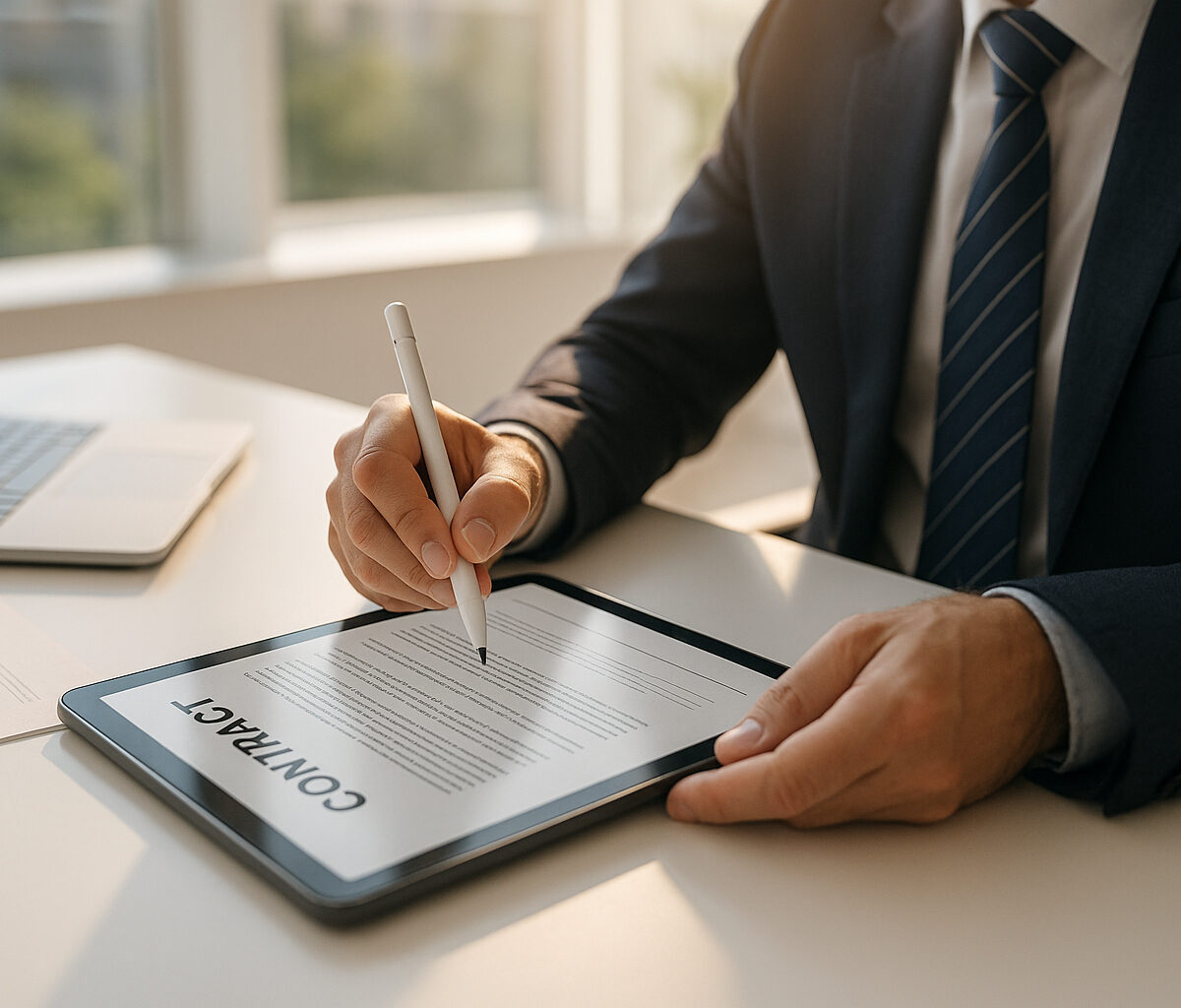Professionnel d'affaires signant un contrat sur une tablette dans un bureau moderne