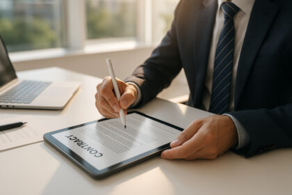 Professionnel d'affaires signant un contrat sur une tablette dans un bureau moderne