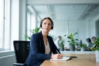 Professionnelle en entreprise avec casque téléphonique gérant les communications externalisées depuis un bureau moderne