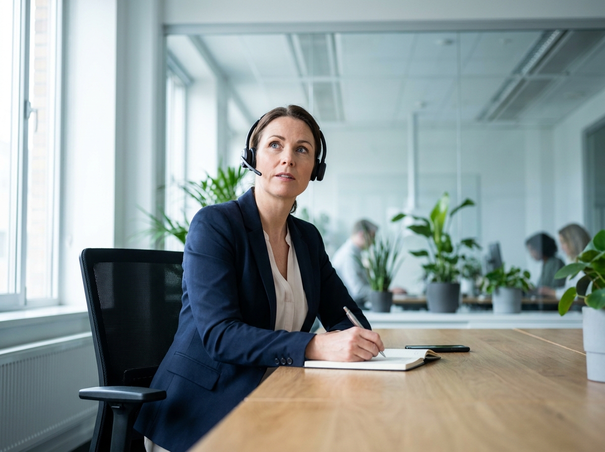 Professionnelle en entreprise avec casque téléphonique gérant les communications externalisées depuis un bureau moderne