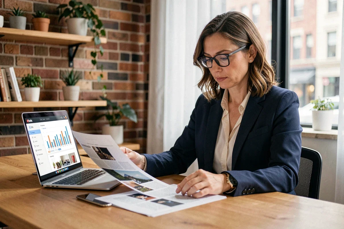 Professionnelle consultant une plateforme éditoriale en ligne pour booster sa visibilité numérique