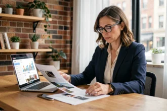 Professionnelle consultant une plateforme éditoriale en ligne pour booster sa visibilité numérique