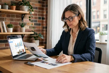 Professionnelle consultant une plateforme éditoriale en ligne pour booster sa visibilité numérique
