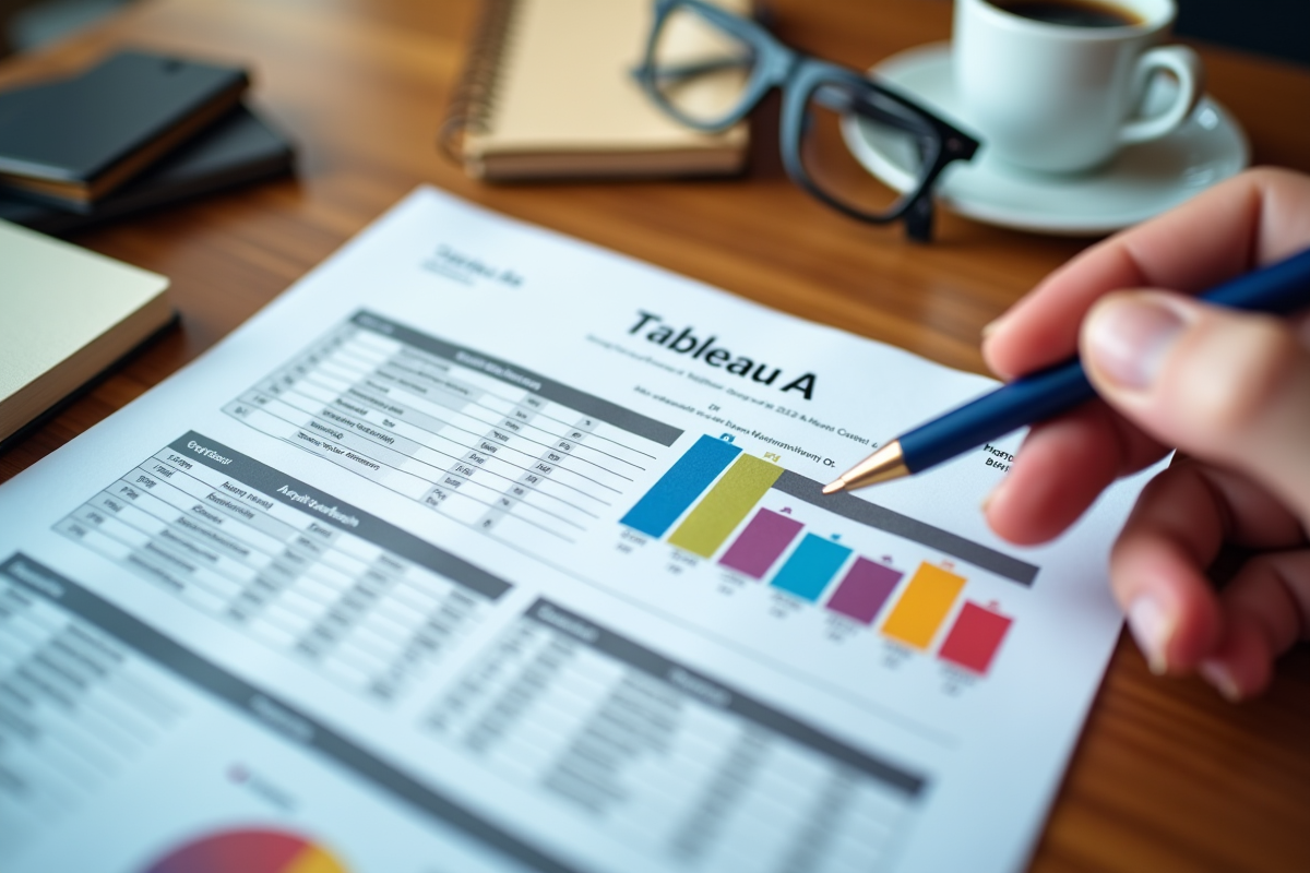 Détail d un rapport avec tableau coloré et stylo sur bureau en bois