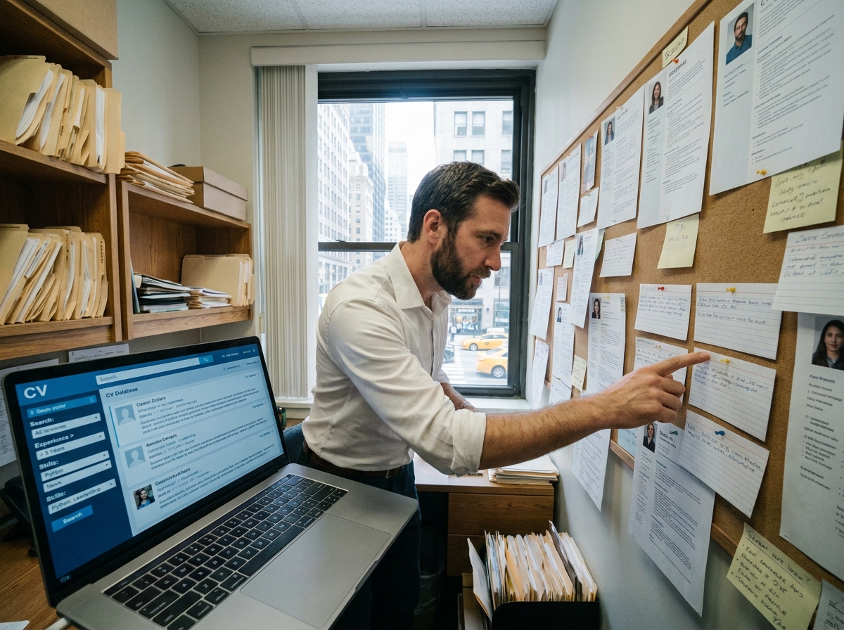 Recruteur masculin analysant des profils de candidats sur un tableau de bord et une cvthèque en ligne dans son bureau