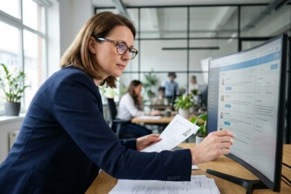 Recruteuse expérimentée consultant une cvthèque numérique tout en comparant des CV imprimés dans un bureau moderne