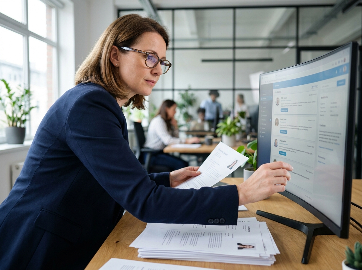 Recruteuse expérimentée consultant une cvthèque numérique tout en comparant des CV imprimés dans un bureau moderne