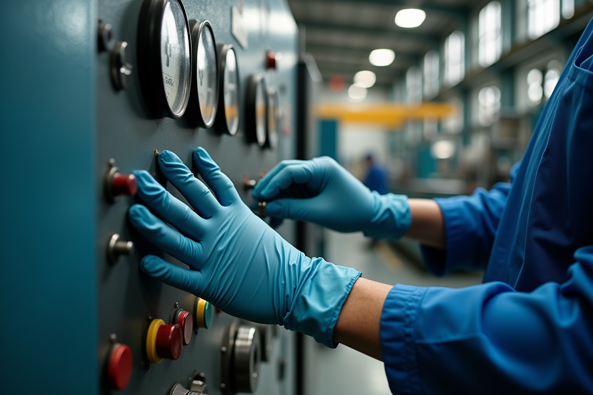 Mains gantées ajustant des panneaux de contrôle industriel