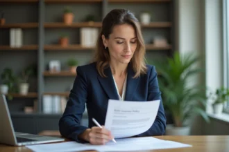 Professionnelle en blazer marine relisant attentivement un contrat d'assurance professionnelle à son bureau