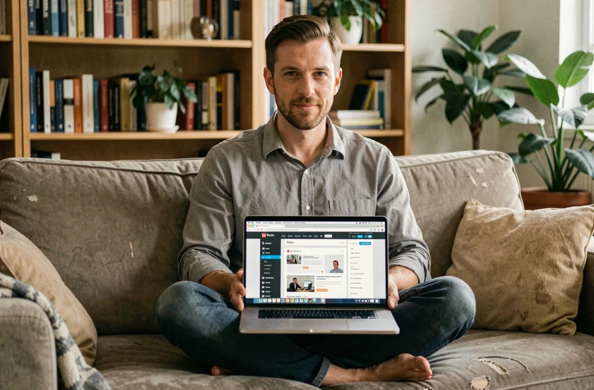 Rémi Fonvieille, développeur web freelance, travaillant sur un site WordPress depuis son bureau à domicile