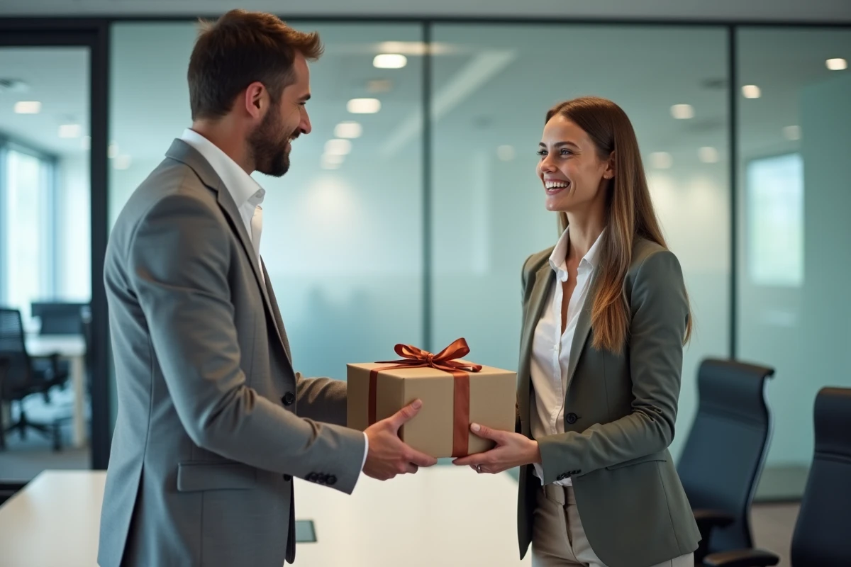 Responsable RH remettant un cadeau à un salarié dans une salle de réunion d'entreprise