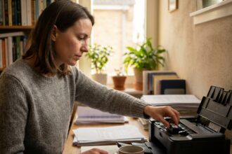 Femme remplaçant une cartouche d'encre dans une imprimante à domicile sur un bureau en bois