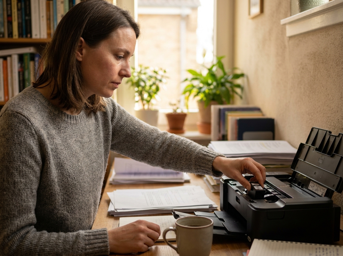 Femme remplaçant une cartouche d'encre dans une imprimante à domicile sur un bureau en bois