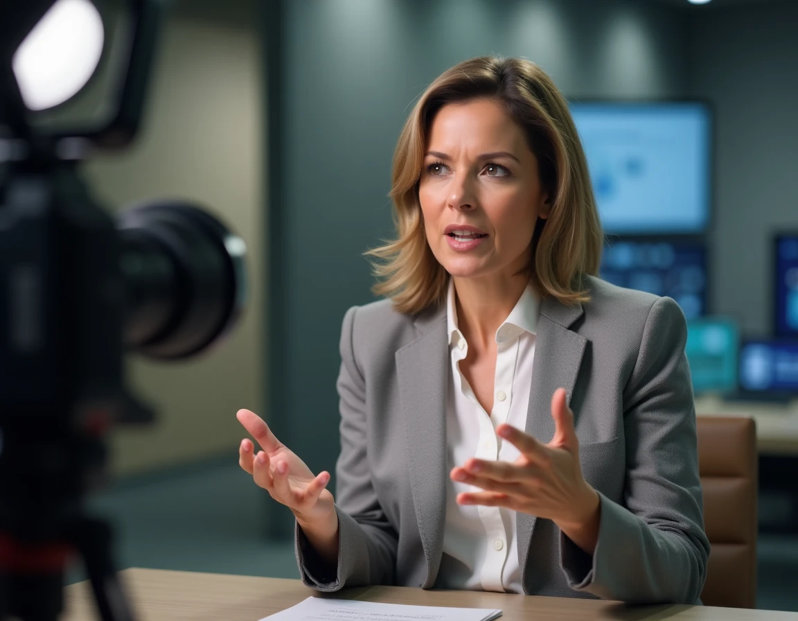 Représentante d'ONG interviewée dans un studio de télévision pour une campagne de relations publiques associative