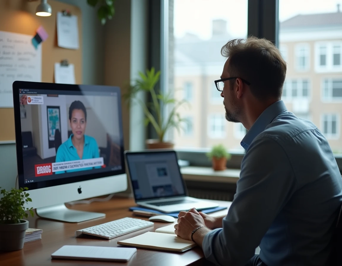Responsable d'association regardant un reportage télévisé sur une cause humanitaire dans un bureau associatif