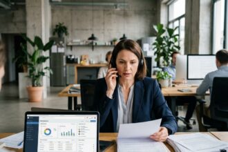 Responsable PME gérant la relation client par téléphone devant un tableau de bord CRM dans un bureau moderne