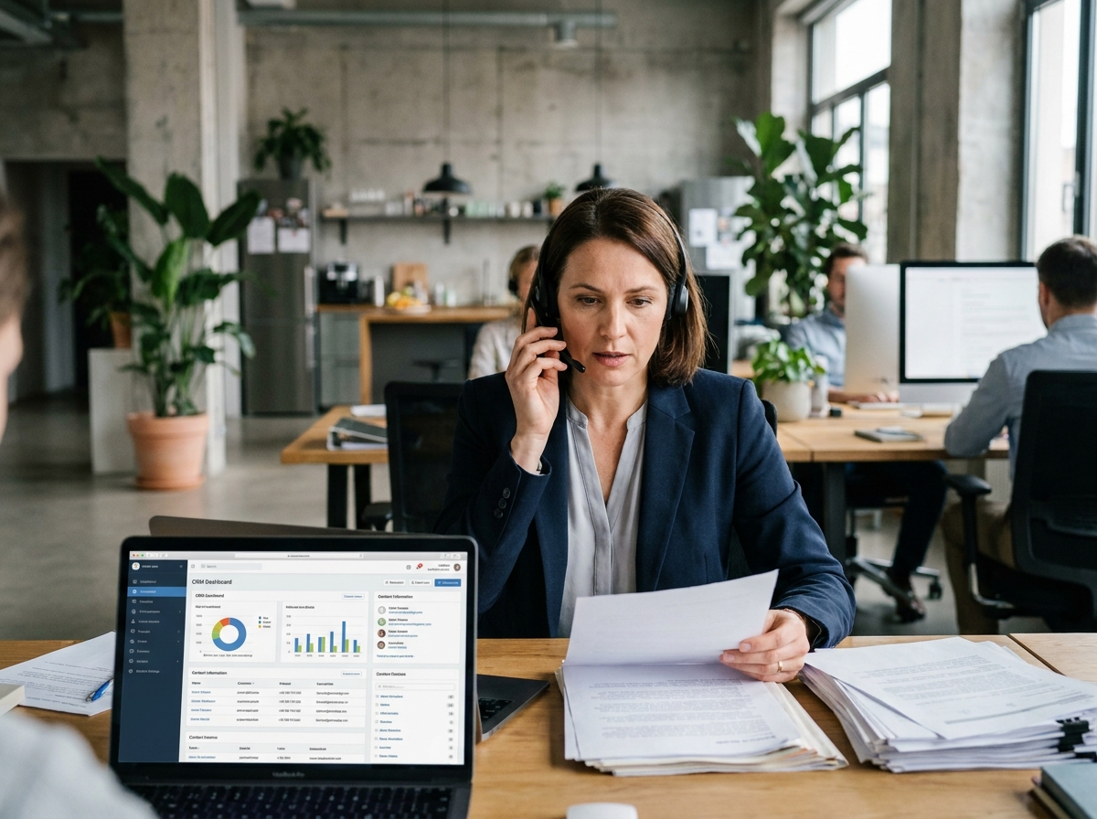 Responsable PME gérant la relation client par téléphone devant un tableau de bord CRM dans un bureau moderne