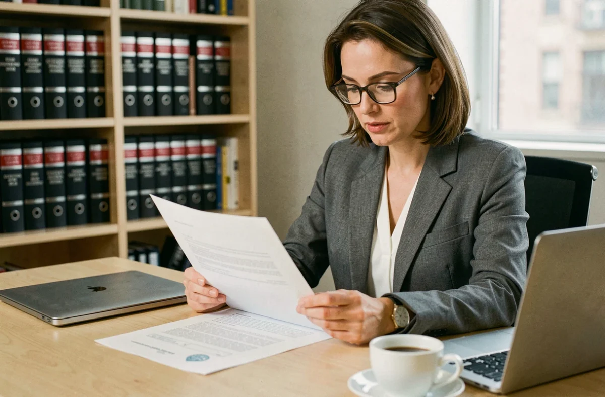 Responsable RH étudiant attentivement des documents juridiques relatifs au Code du travail et à l'article L1132-1 sur la discrimination et les sanctions