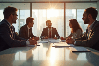 Réunion d'affaires dans un bureau moderne avec équipe diverse vérifiant des documents