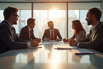 Réunion d'affaires dans un bureau moderne avec équipe diverse vérifiant des documents