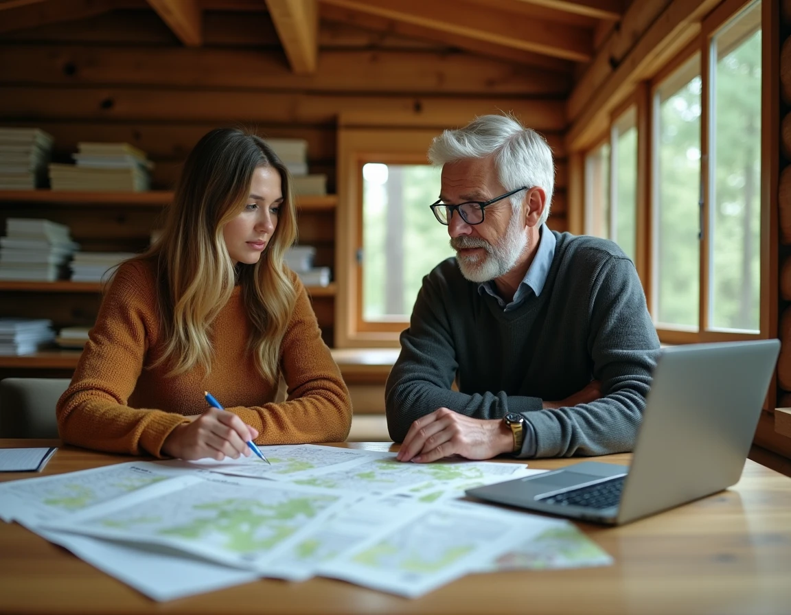 Deux professionnels examinant un contrat de gestion forestière sur une table en bois dans un bureau de chalet forestier