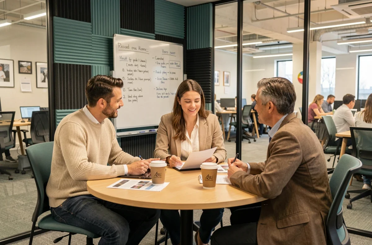 Groupe de professionnels en réunion collaborative dans une salle vitrée d'un espace de coworking à Montigny-le-Bretonneux