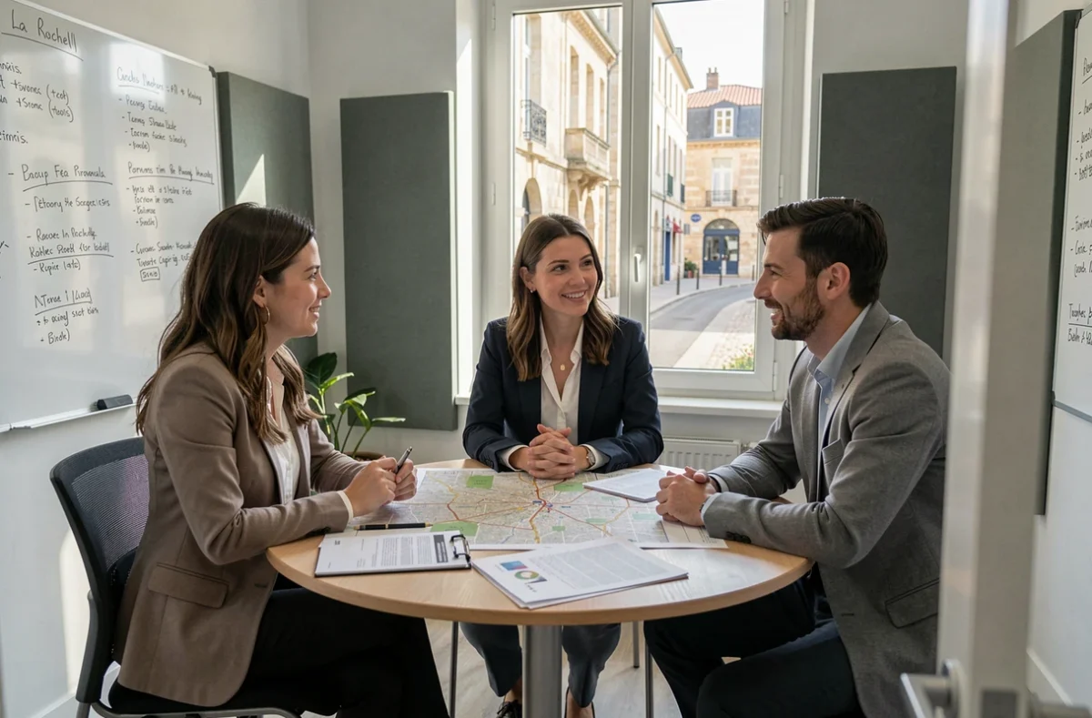 Réunion d'équipe dans une salle de coworking à La Rochelle pour discuter d'une location de bureau