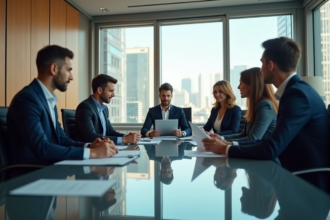 Groupe de professionnels en réunion dans une salle moderne