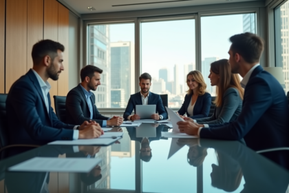 Groupe de professionnels en réunion dans une salle moderne
