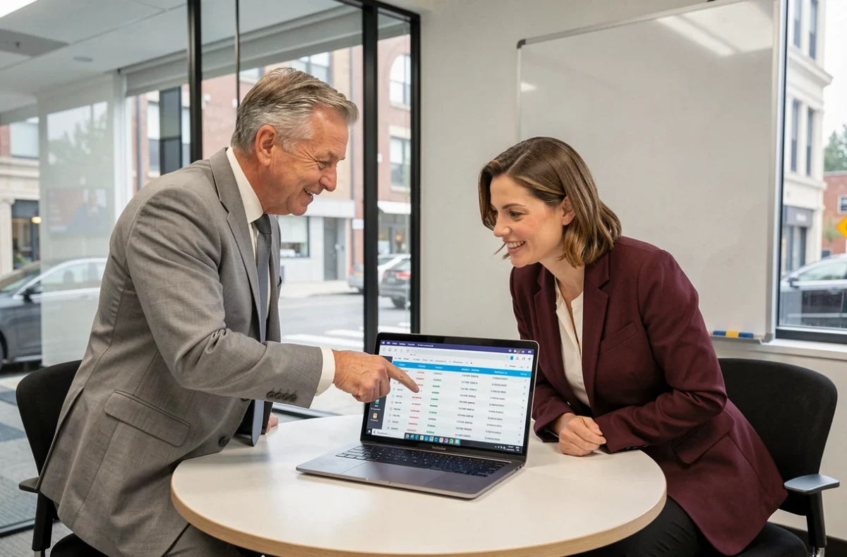 Deux dirigeants d'entreprise analysant ensemble le tableau de bord Elgeaweb V3 lors d'une réunion