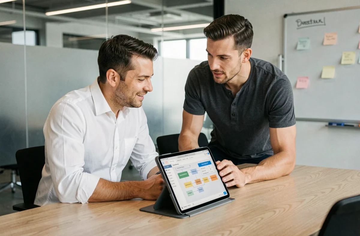 Deux collègues masculins en salle de réunion analysant un planning sur tablette avec un logiciel de gestion de projet Webmea Flow