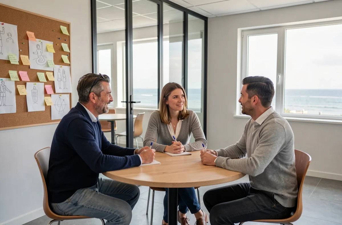 Groupe de professionnels en réunion informelle dans un espace de coworking moderne à La Rochelle avec vue sur la côte atlantique