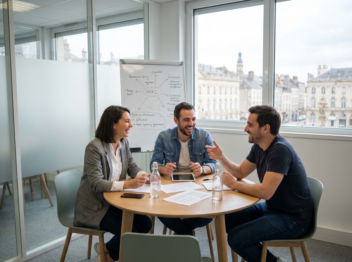 Groupe de professionnels en réunion collaborative dans une salle vitrée d'un espace de coworking à Nancy avec vue sur la ville