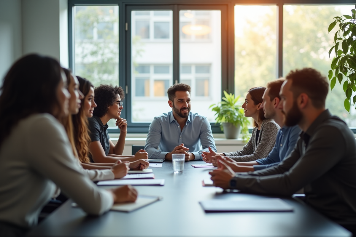 Réunion professionnelle avec équipe diverse en discussion