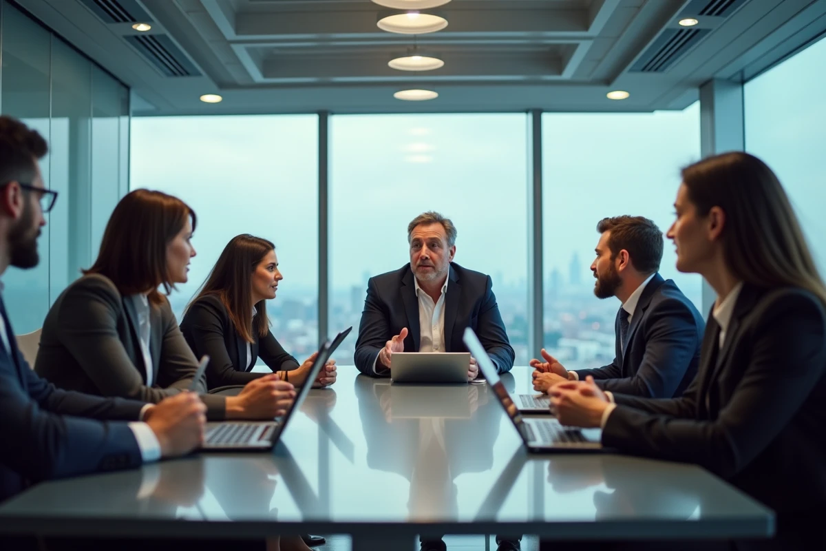 Groupe de professionnels en réunion dans une salle lumineuse