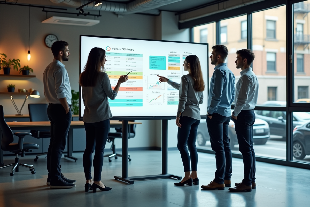 Groupe de jeunes professionnels autour d’un tableau interactif