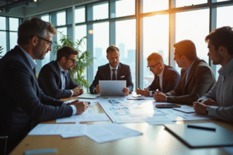 Groupe de professionnels analysant un tableau dans un bureau lumineux