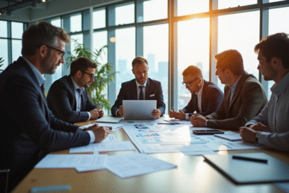Groupe de professionnels analysant un tableau dans un bureau lumineux
