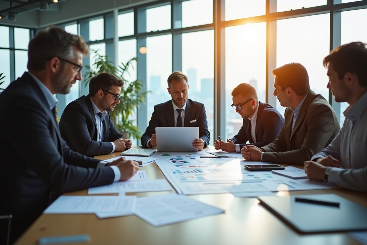 Groupe de professionnels analysant un tableau dans un bureau lumineux