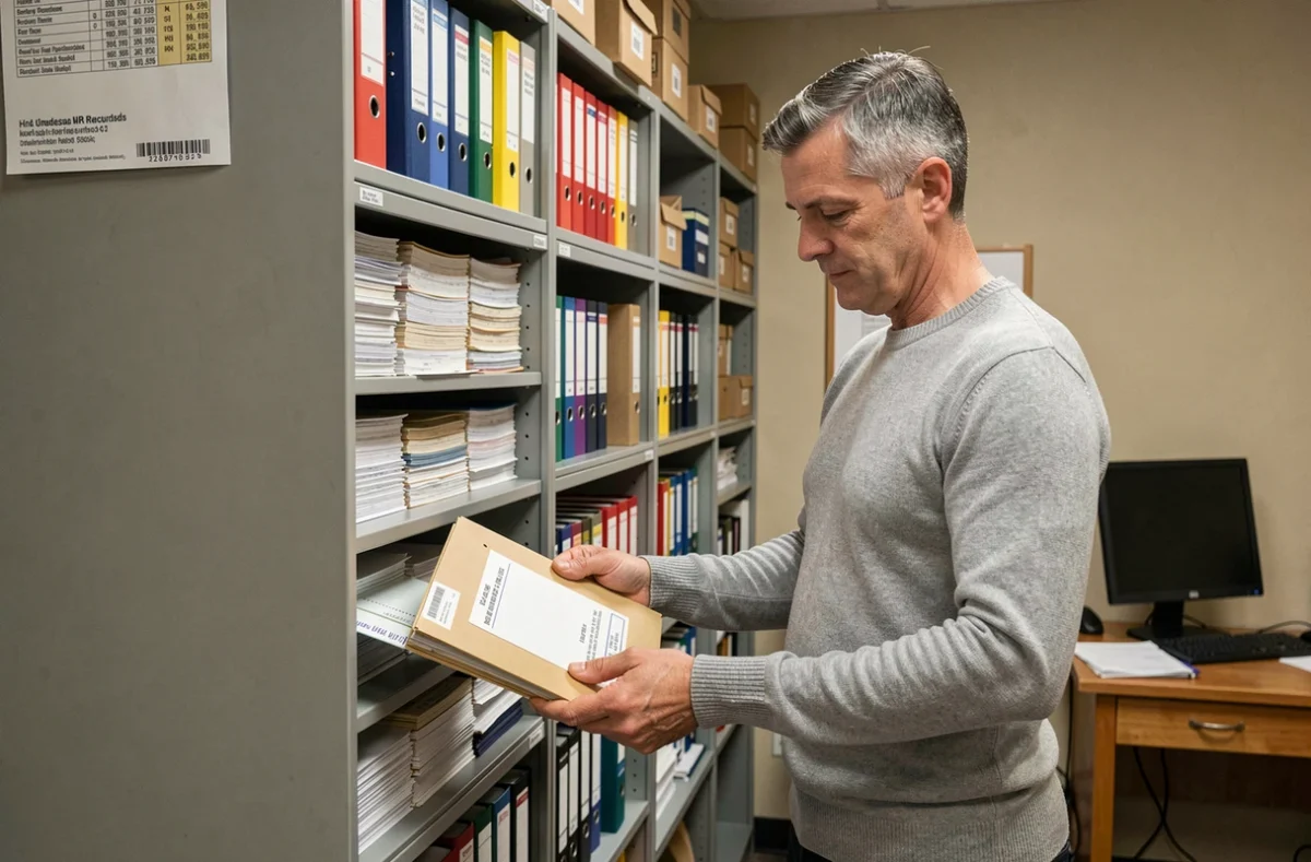 Gestionnaire RH classant des dossiers de paie dans une armoire d'archivage professionnelle