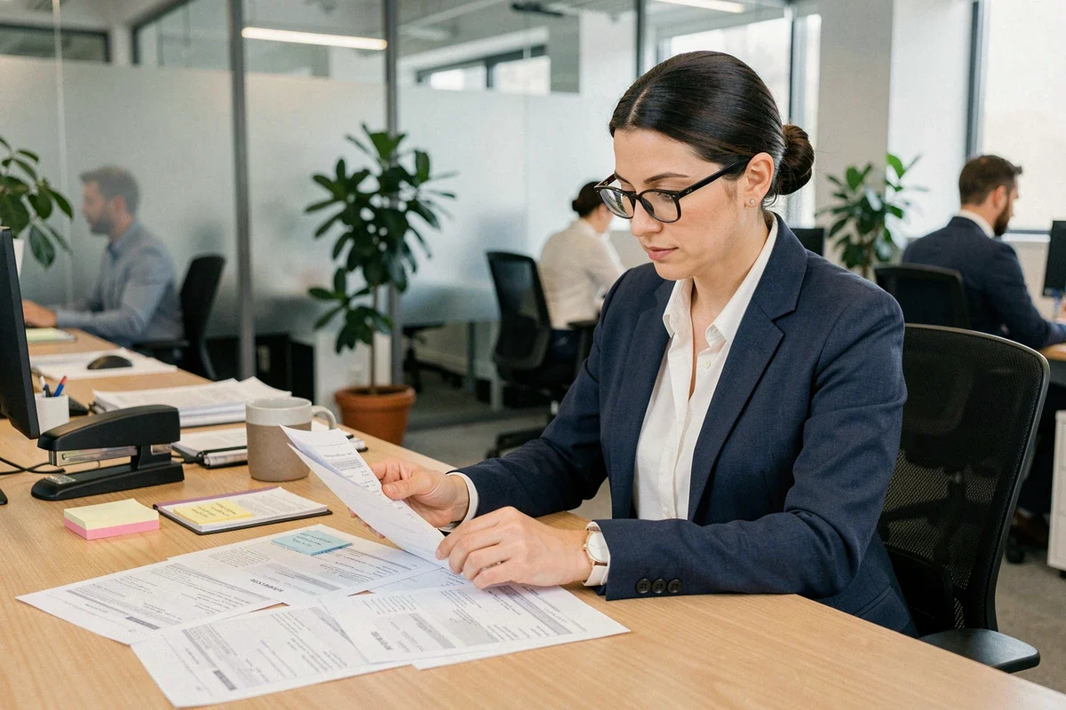 Responsable RH analysant des bulletins de paie sur un bureau en open space moderne