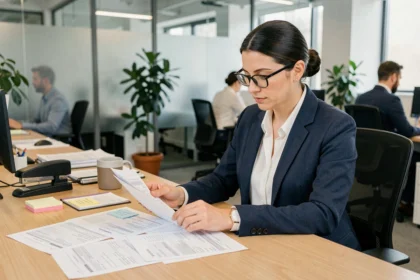 Responsable RH analysant des bulletins de paie sur un bureau en open space moderne