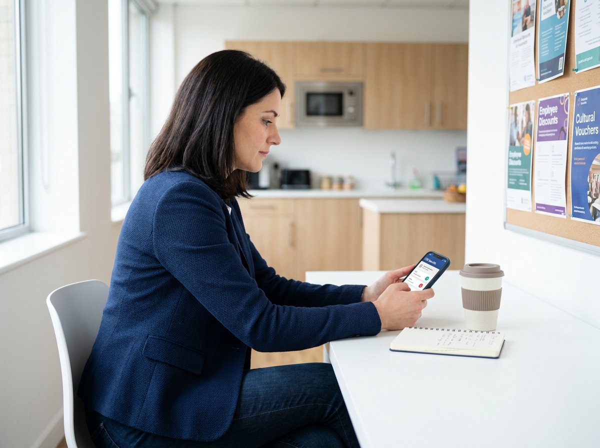 Femme salariée consultant les offres de son CSE sur smartphone pour optimiser son budget quotidien