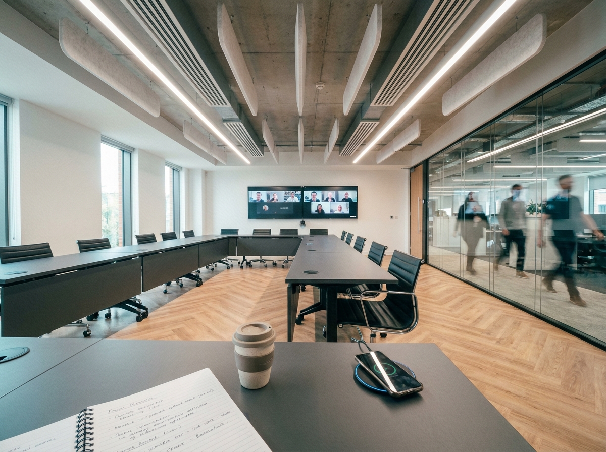 Salle de conférence en U avec écrans de visioconférence, mobilier modulable et cloison vitrée pour réunions hybrides