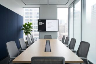 Salle de réunion moderne avec table en chêne blanc, chaises ergonomiques et écran mural pour des réunions efficaces