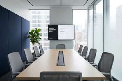 Salle de réunion moderne avec table en chêne blanc, chaises ergonomiques et écran mural pour des réunions efficaces