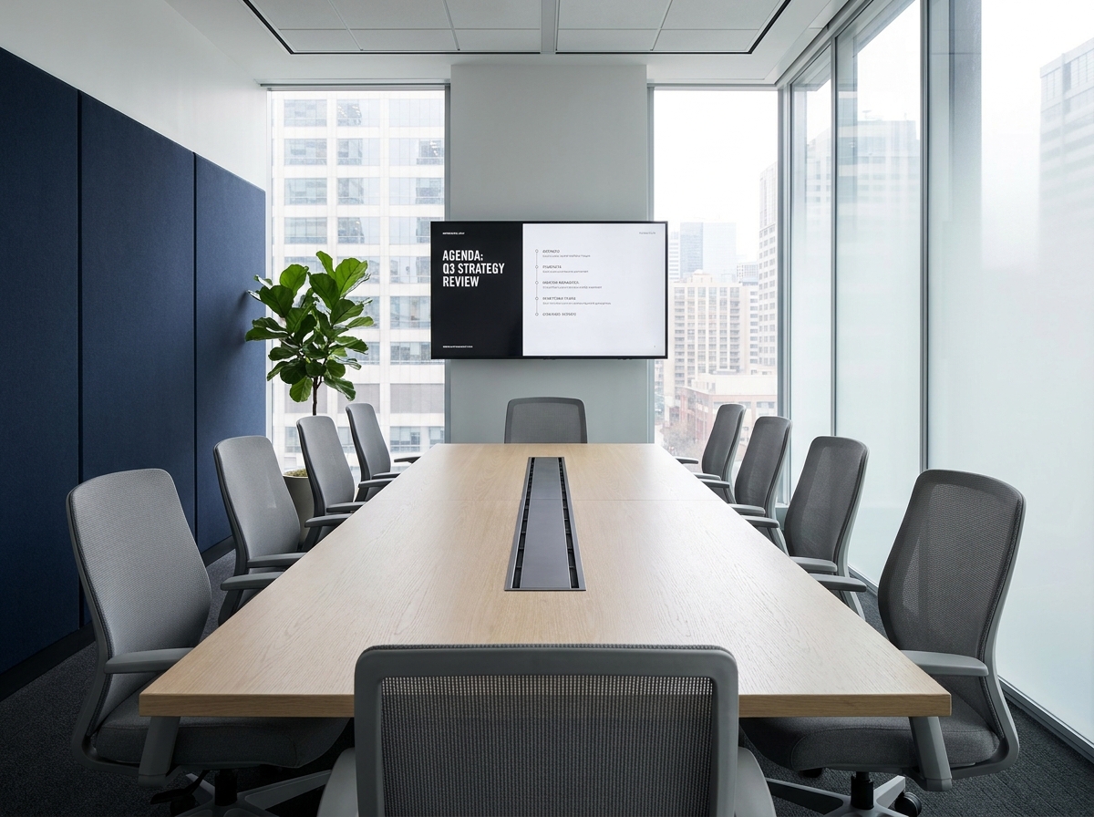 Salle de réunion moderne avec table en chêne blanc, chaises ergonomiques et écran mural pour des réunions efficaces