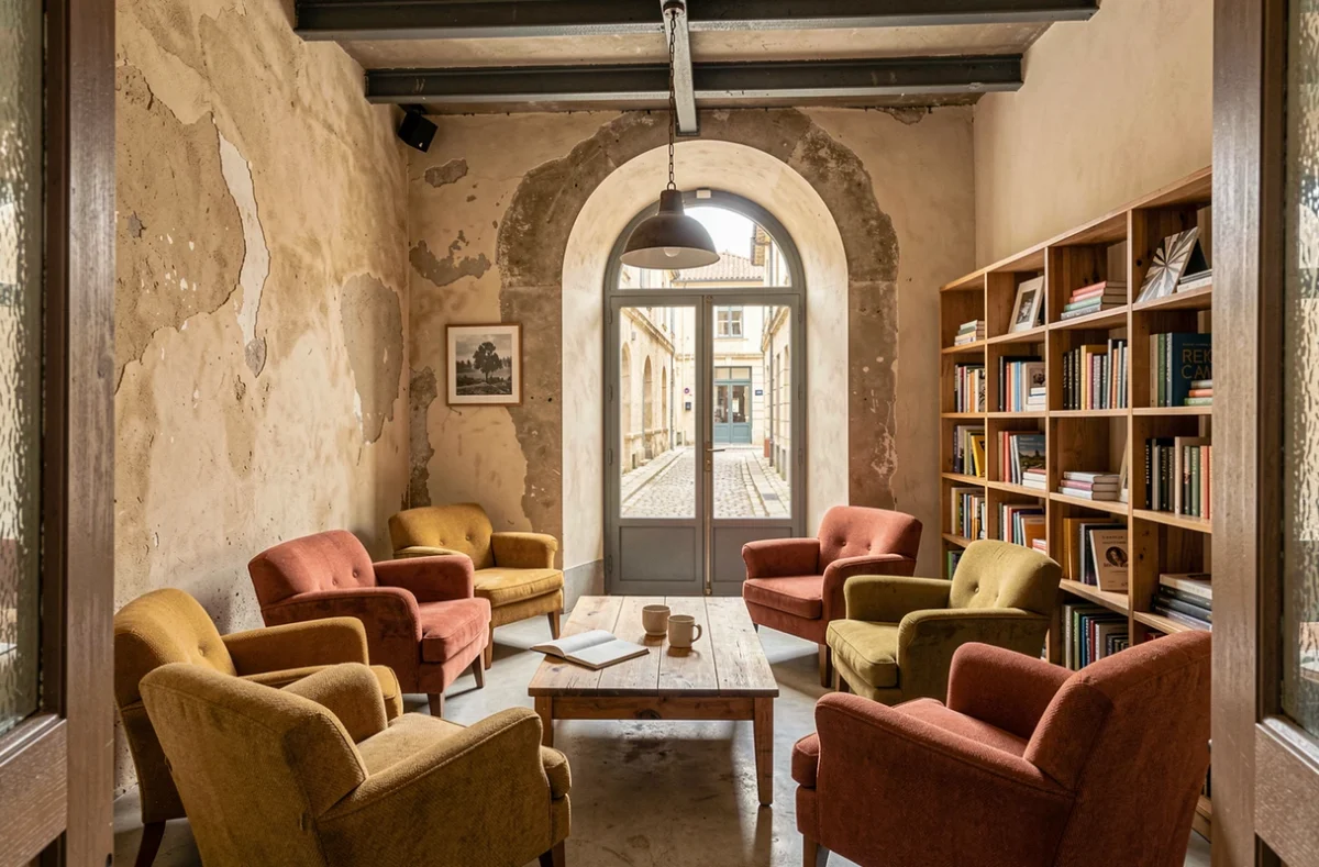 Salon de coworking vide avec fauteuils colorés et fenêtre en arc donnant sur une rue pavée de La Rochelle